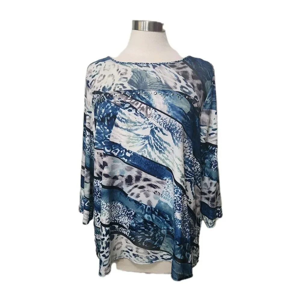 ALFRED DUNNER XL Blue Studded  Pullover 3/4 Slv Knit Stretch Semi-Sheer Neck